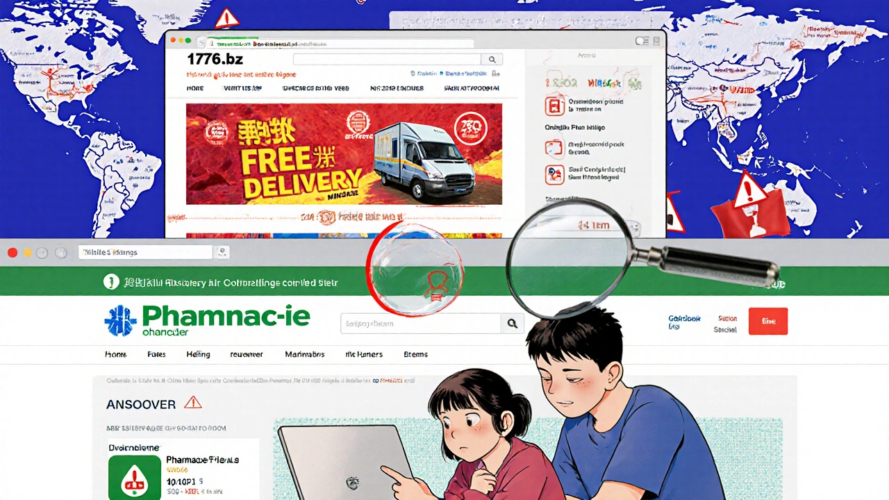 Écran affichant un site de pharmacie illégale avec des fausses offres, tandis qu&#039;une famille identifie le logo officiel vert d&#039;une pharmacie légale sur un autre écran.