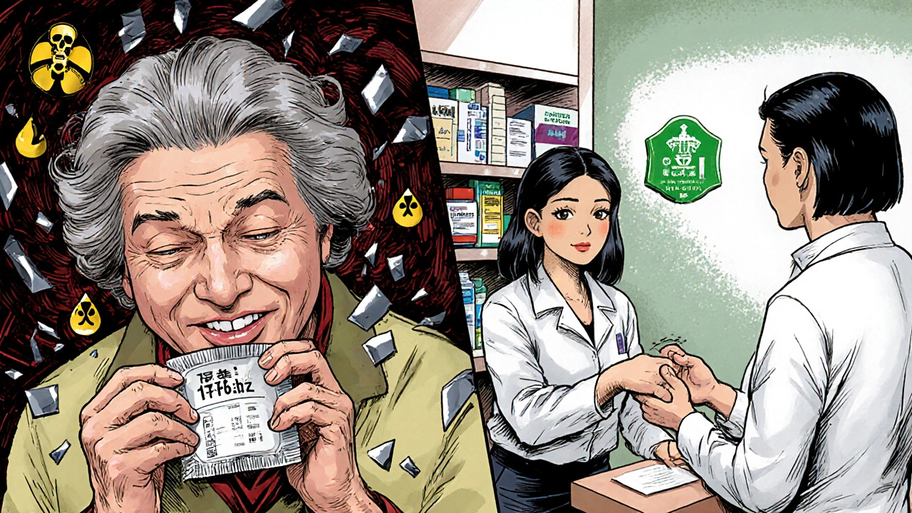 Femme âgée prenant une pilule contrefaite à gauche, mêmes personnes en sécurité avec un pharmacien à droite, contraste clair entre danger et sécurité.