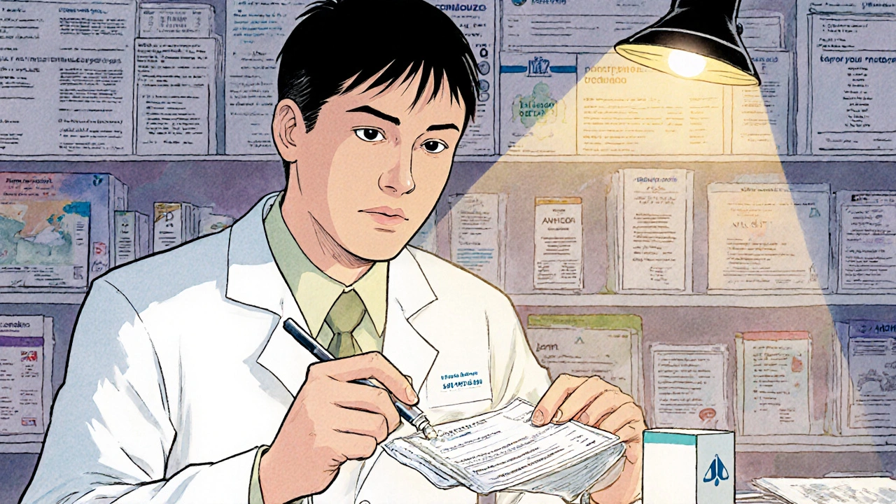 Un pharmacien français vérifie une ordonnance et prépare des gouttes de chloramphénicol avec le logo ANSM.