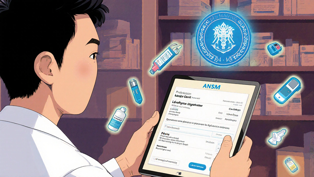 Un pharmacien vérifie une ordonnance numérique sur un écran, entouré de médicaments.