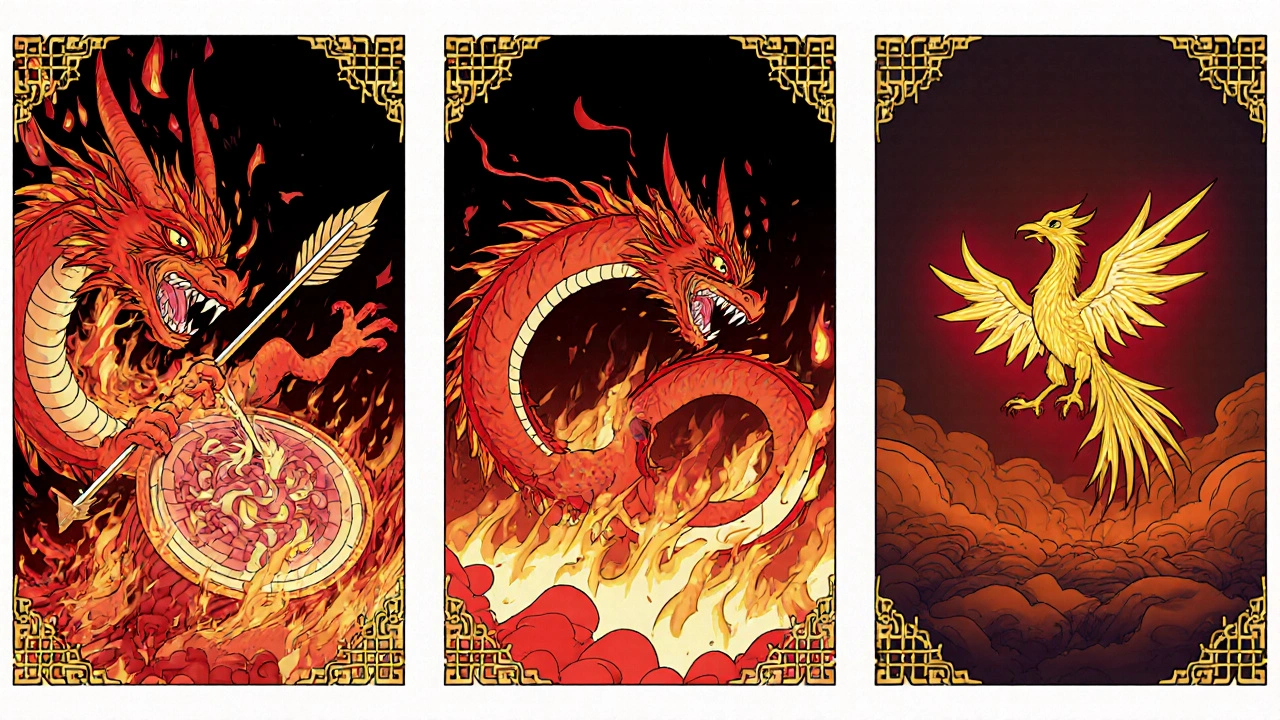 Bataille symbolique entre un dragon d&#039;inflammation et les traitements : Entocort puis une phénix biothérapie.