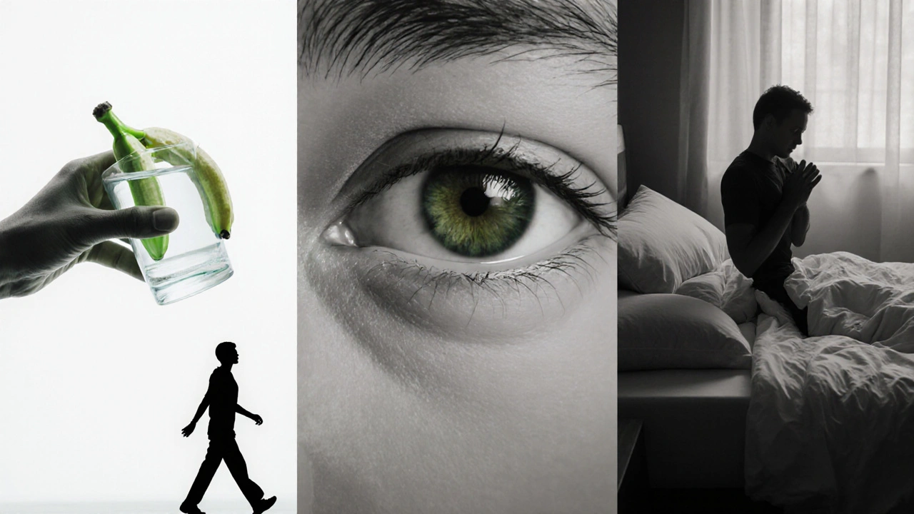 Collage de santé montrant alimentation, exercice et sommeil autour d’un œil détendu.