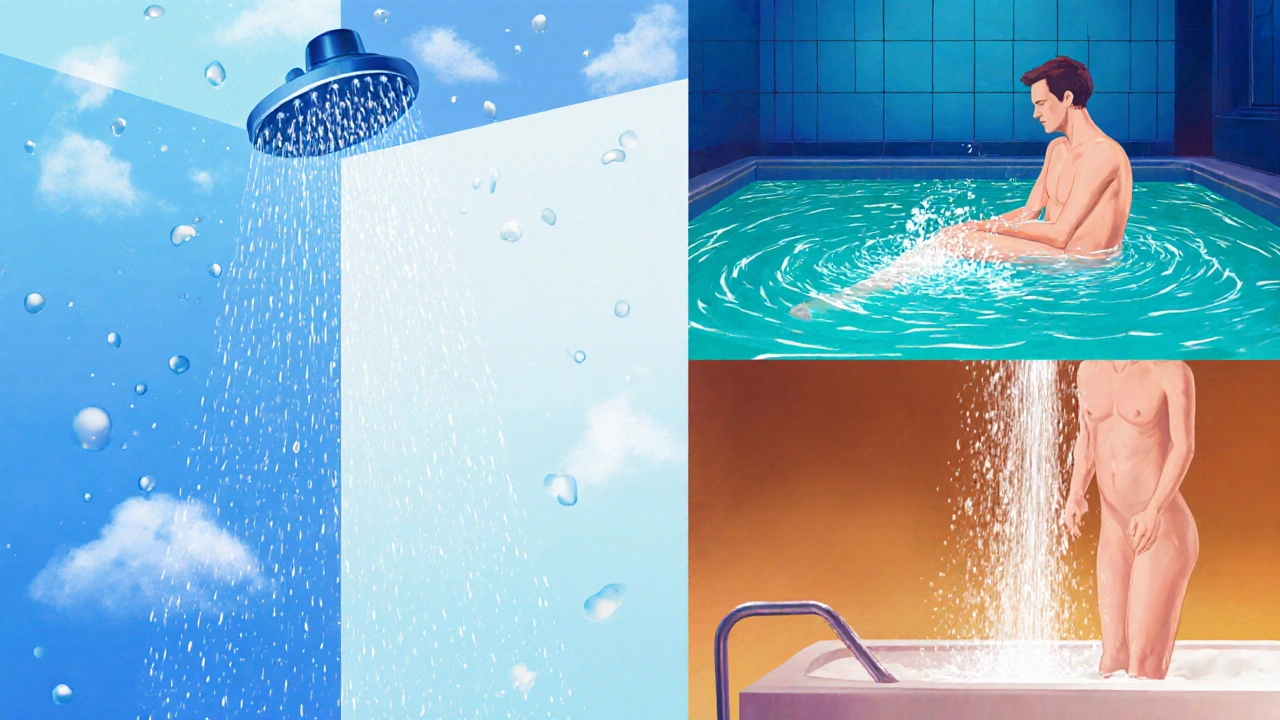 Collage montrant douche contrastée, immersion en piscine, jet d&#039;eau ciblé et bain chaud.