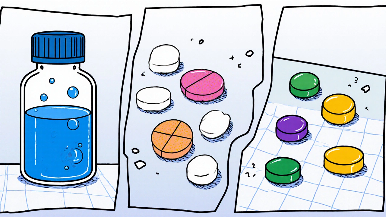 Comparaison visuelle de liquide Viagra, comprimés de sildénafil, Cialis, Levitra et Stendra.