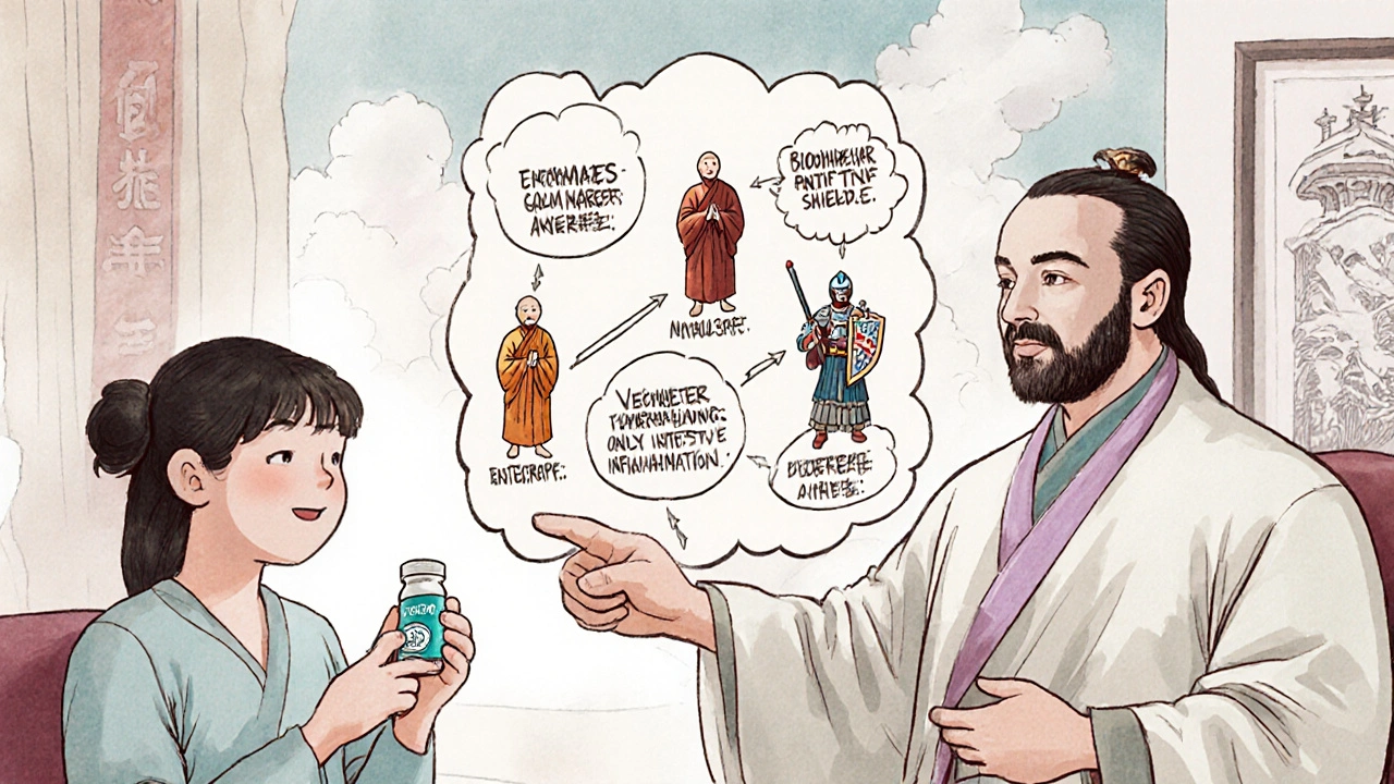 Consultation médicale avec un schéma flottant des traitements alternatifs pour la maladie de Crohn.