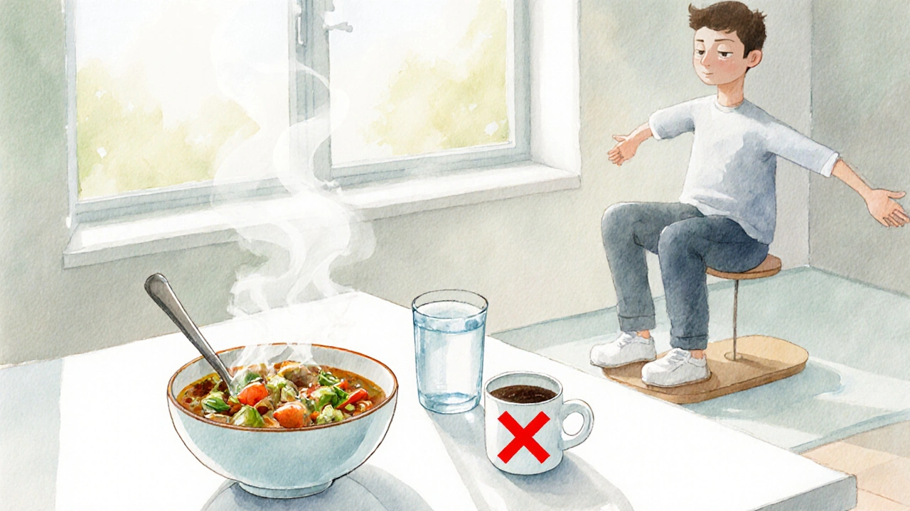 Cuisine lumineuse avec repas pauvre en sel, tasse de café barrée et exercice d&#039;équilibre vestibulaire.