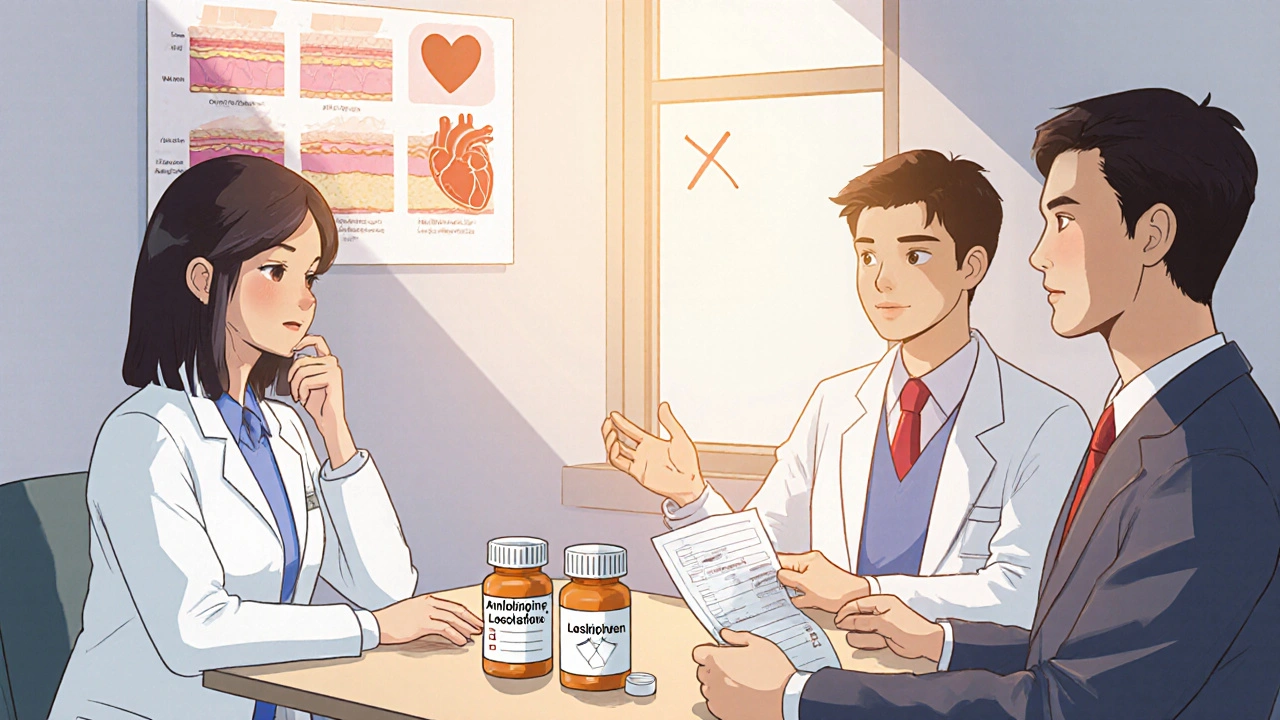 Dermatologue et cardiologue discutent alternatives aux bêta‑bloquants avec patient.