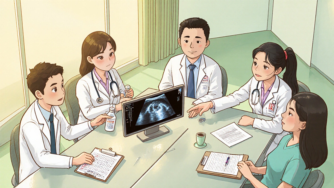 Équipe médicale multidisciplinaire planifiant la grossesse, style manhua.