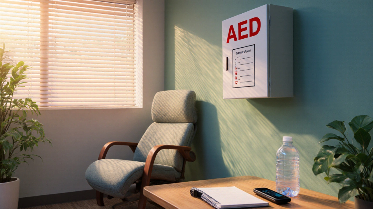 Espace de repos ergonomique avec DAE discret, ambiance calme et préventive.