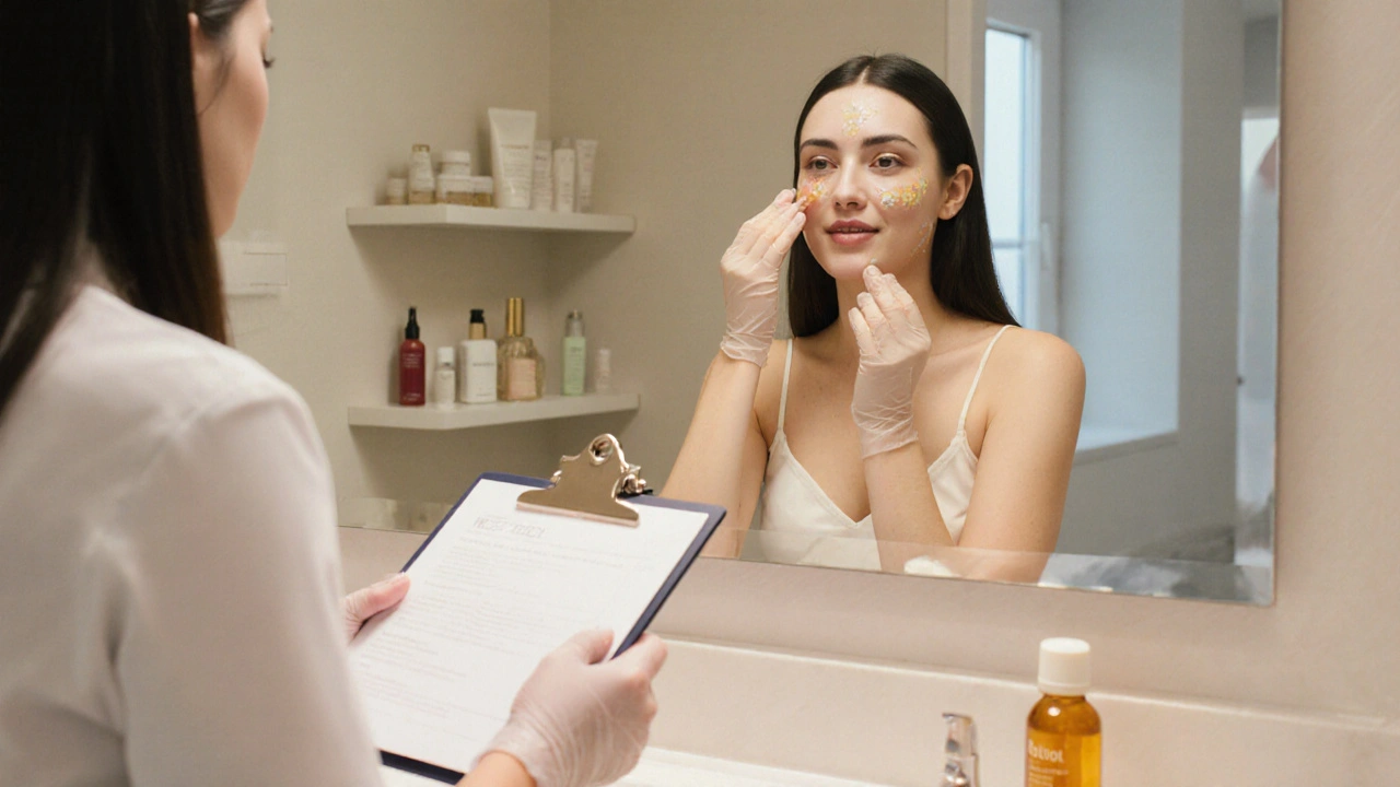 Femme se regardant dans le miroir, appliquant de la crème solaire après une consultation dermatologique.