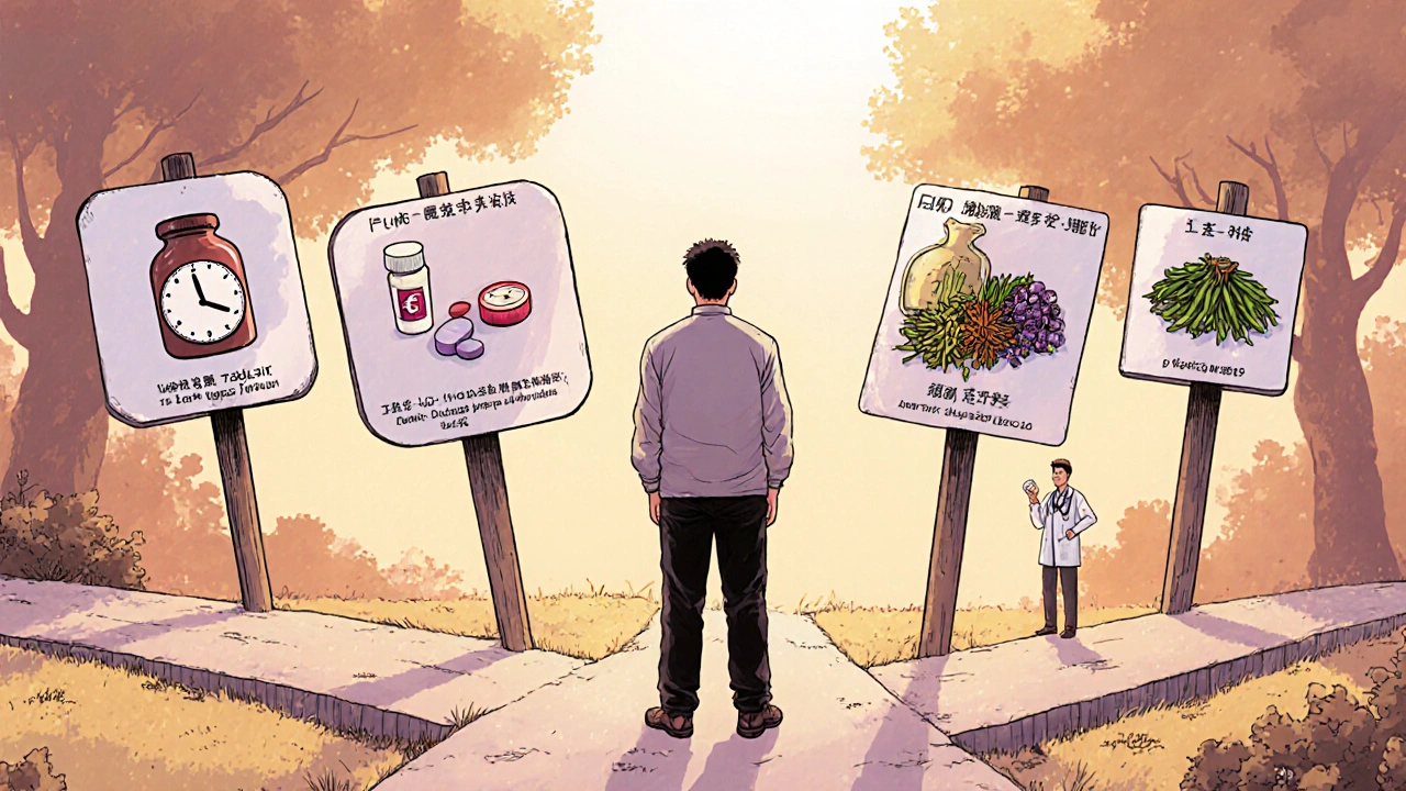 Homme à un carrefour de choix : liquide rapide, pilule longue durée, générique pas cher, et compléments naturels.