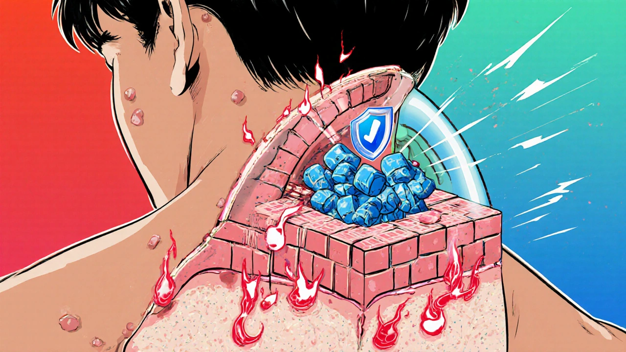 Illustration en coupe d'un pore avec bactéries attaquées par des molécules d'amoxicilline réduisant l'inflammation.