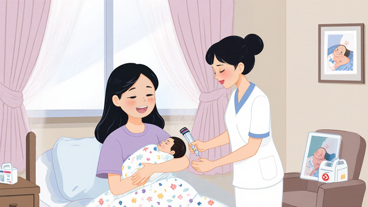 Maman post‑partum recevant une injection factorielle avec son bébé, style manhua.