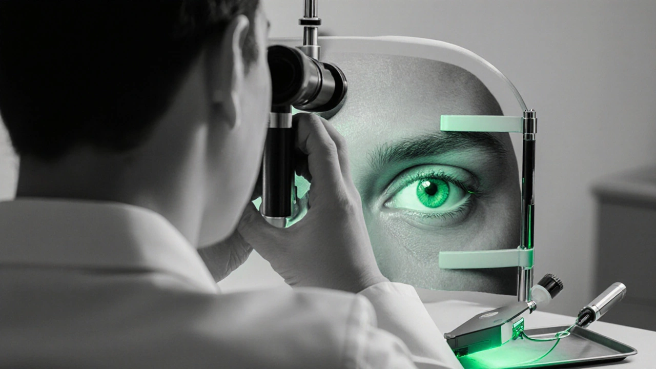 Médecin examinant un œil avec un ophtalmoscope, dispositif laser à côté, pupille légèrement rétrécie illuminée en vert.