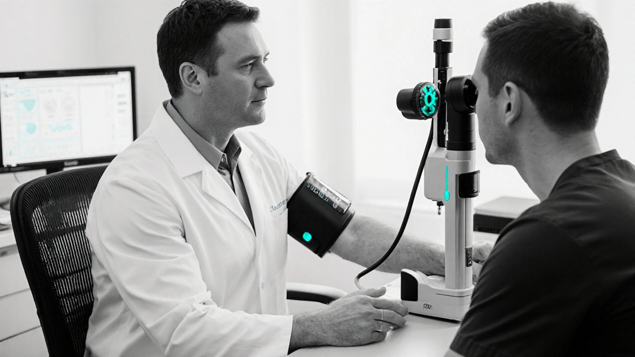 Médecin mesurant la tension et examinant l’œil du patient.