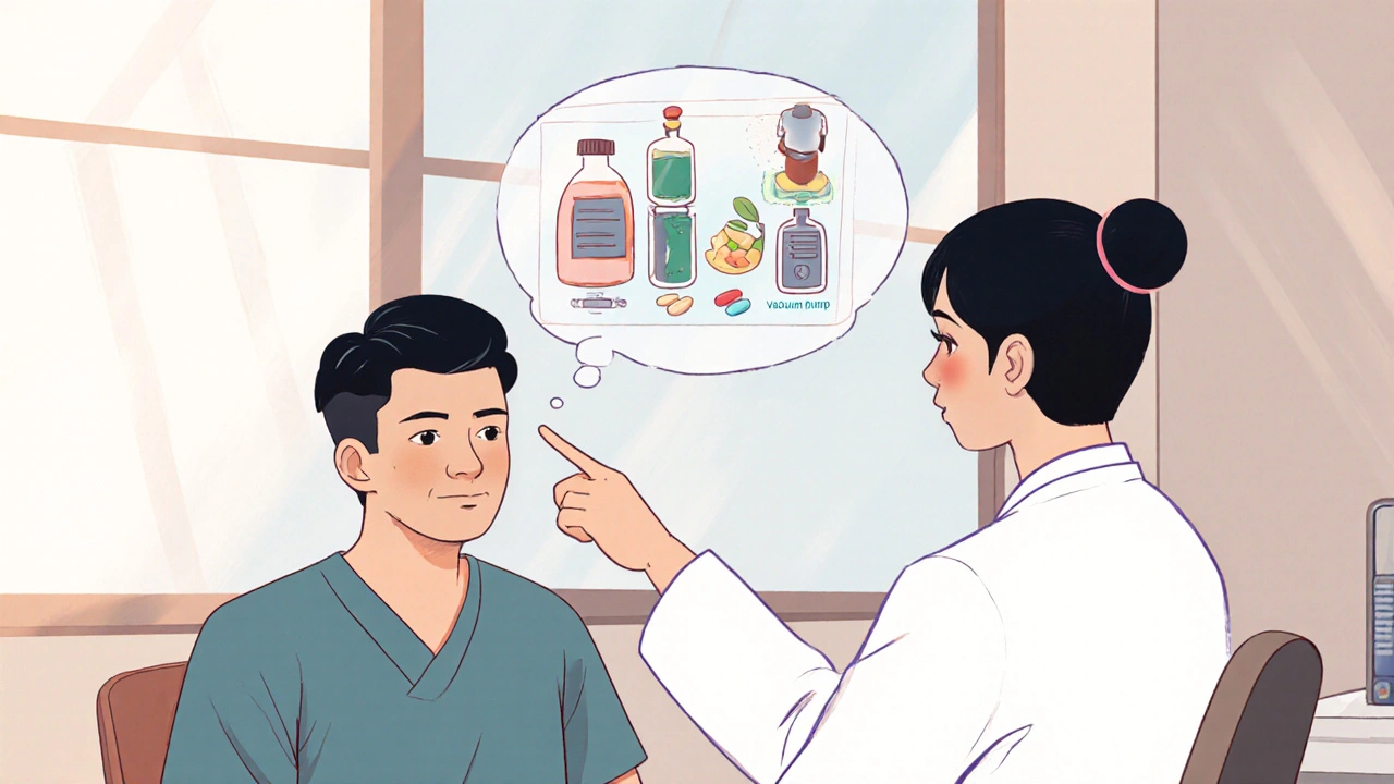 Médecin montrant des options de traitement à un patient dans une clinique.