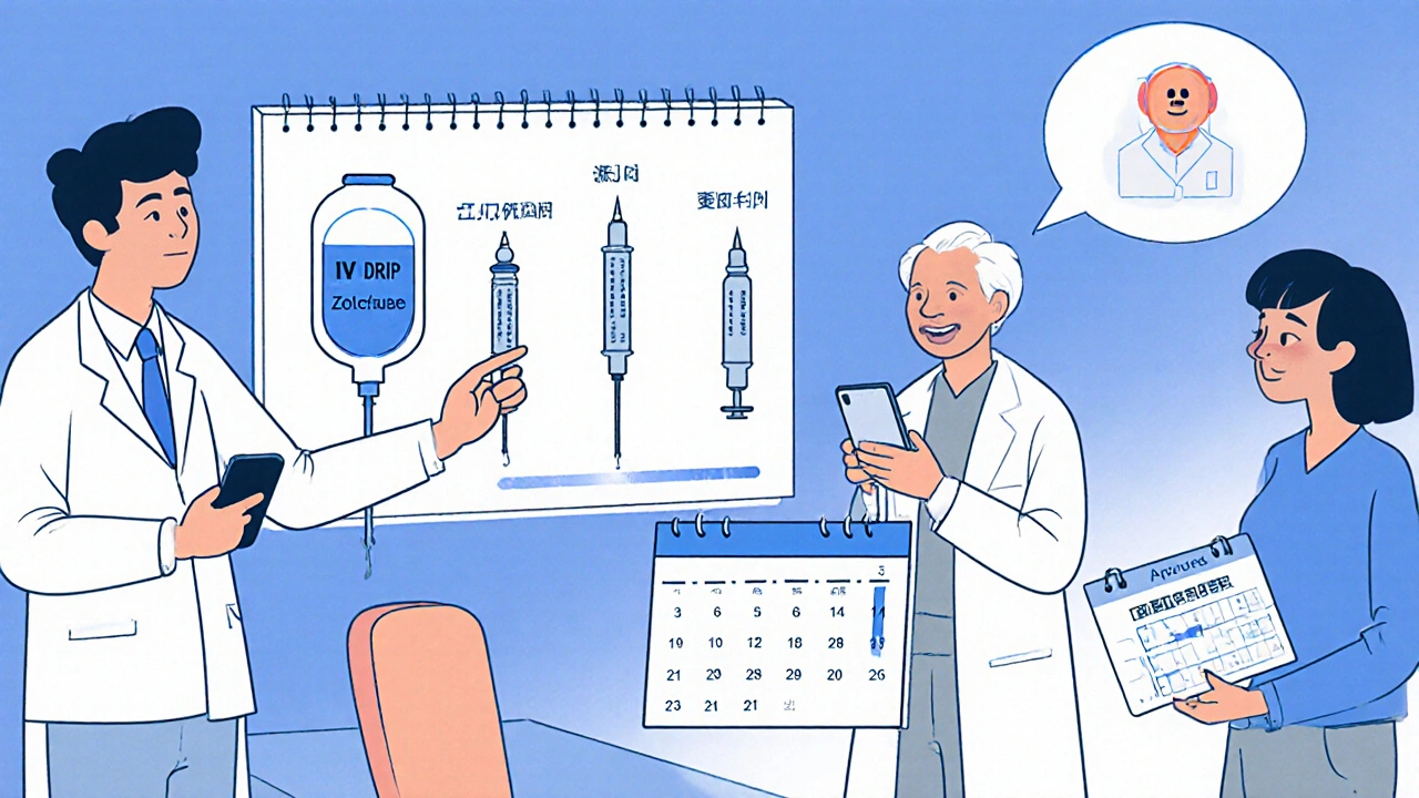 Médecin, pharmacien et patient âgé discutent de traitements IV et rappels, scène de clinique manhua.