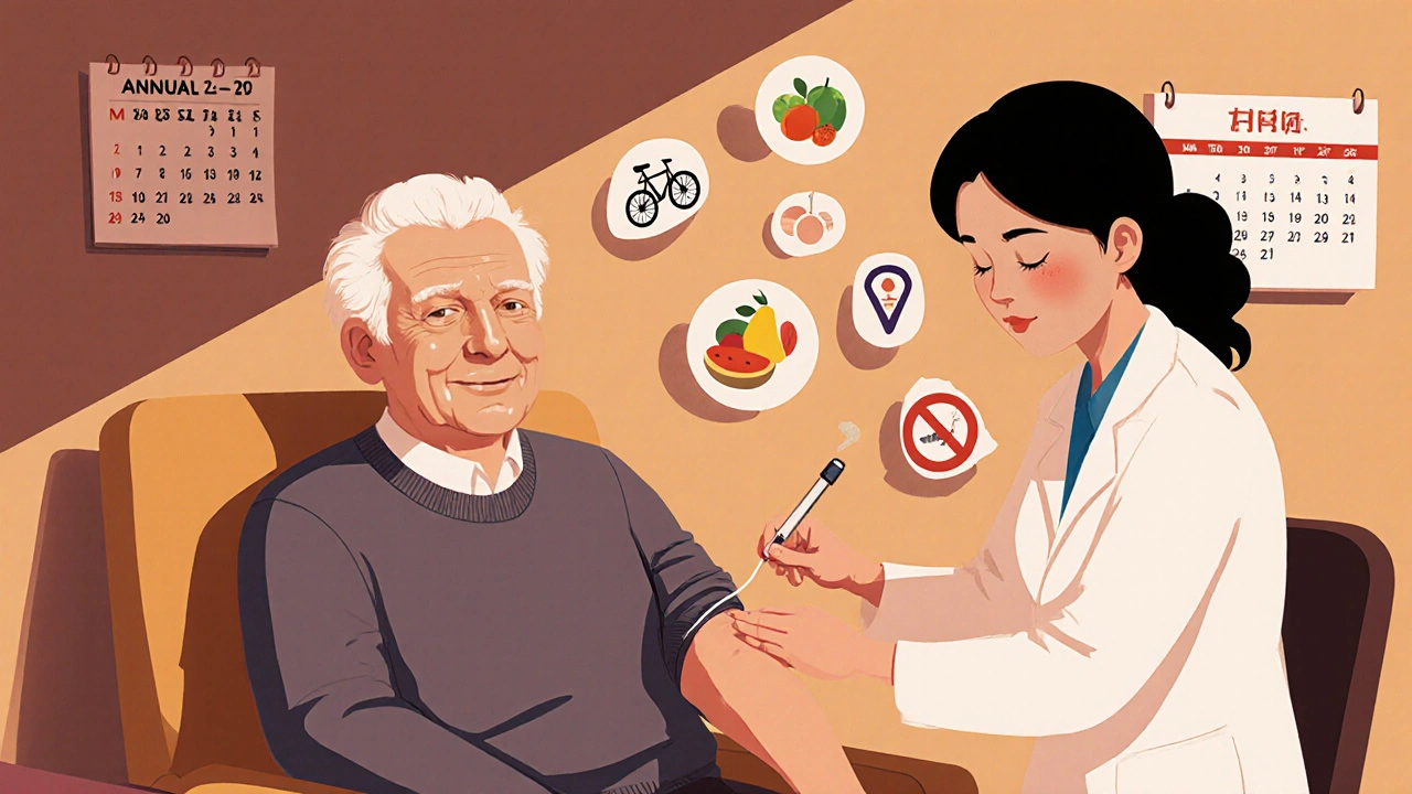 Patient âgé recevant une prise de sang, entouré d'icônes de mode de vie sain.