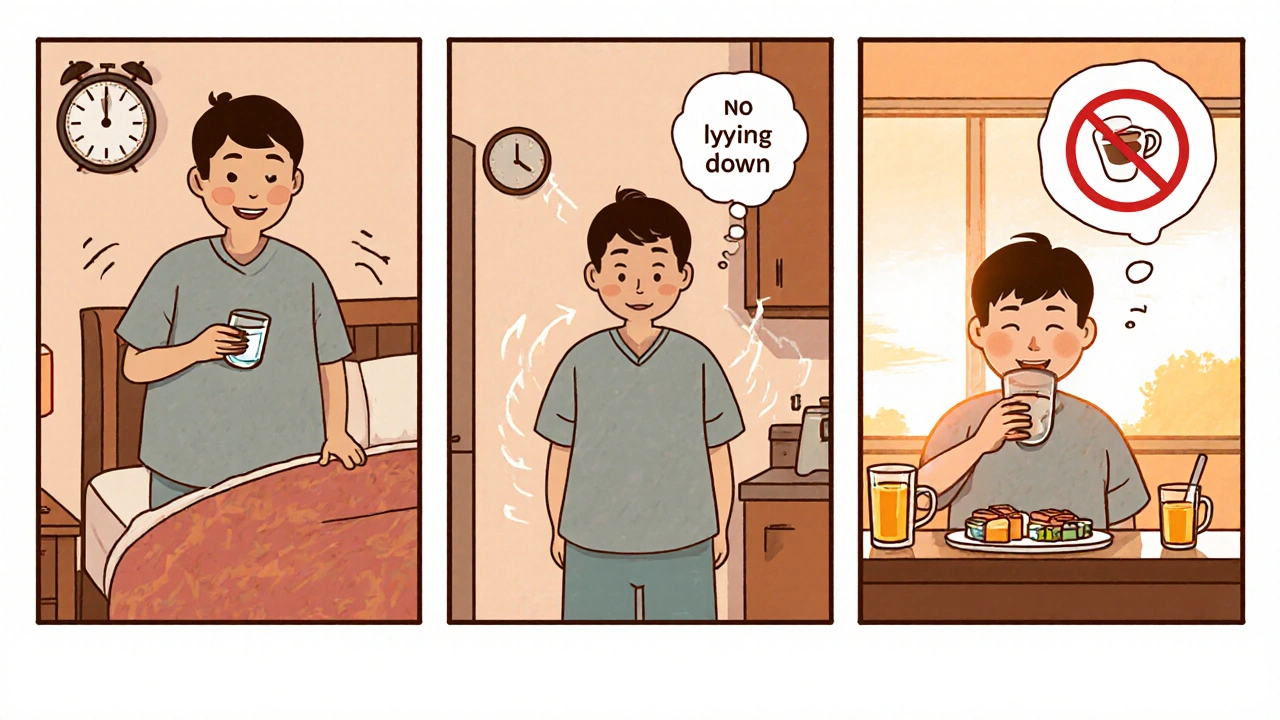 Patient prenant le bisphosphonate au réveil, restant debout, puis le calcium au petit‑déjeuner.