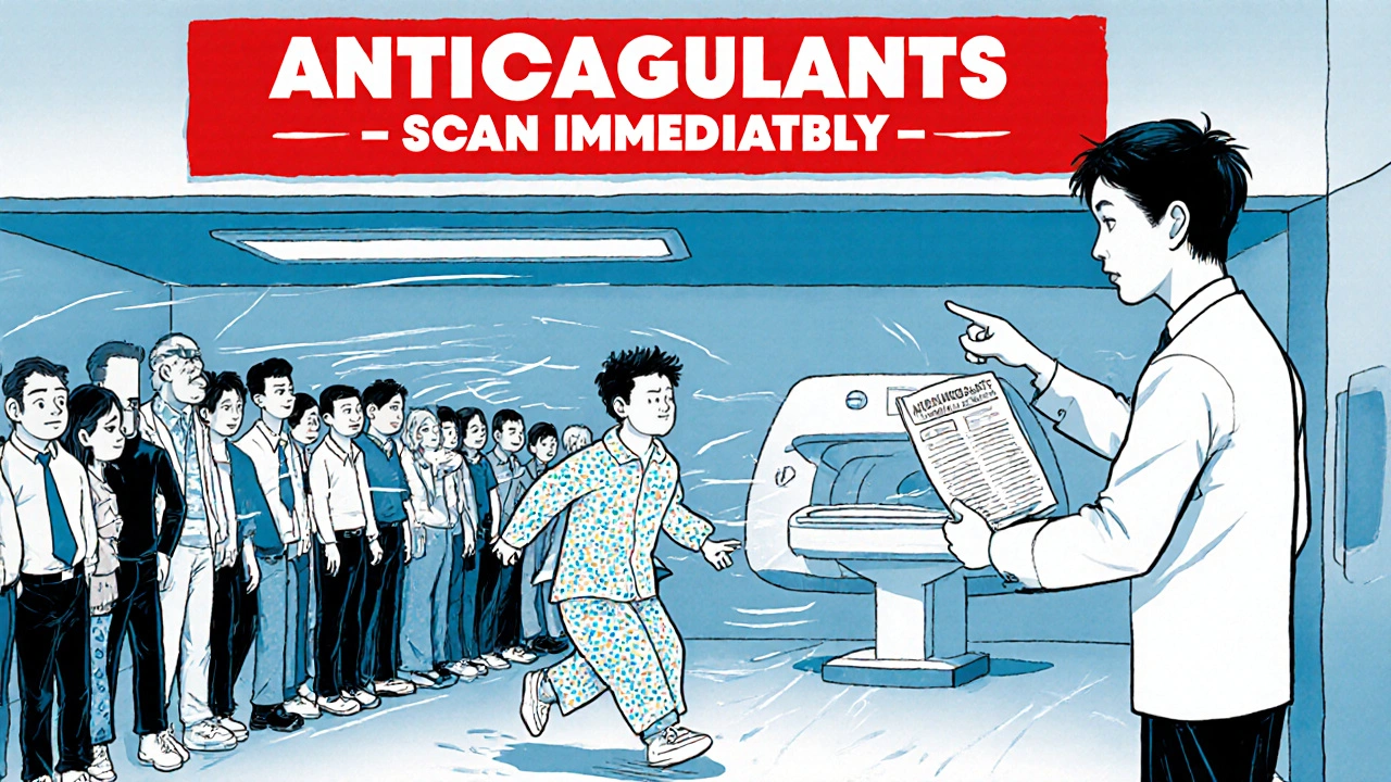 Patient sous anticoagulants prioritaire aux urgences, dépassant une file d&#039;attente vers un scanner.