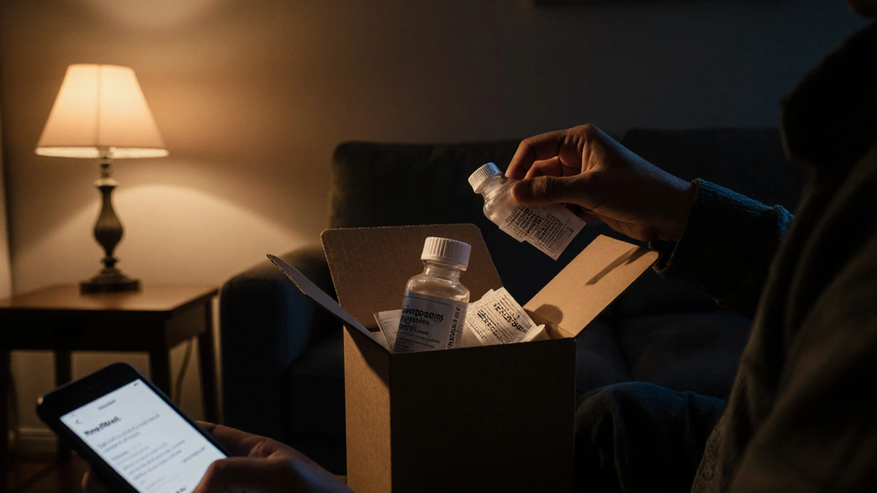 Personne ouvrant un colis de médicaments, vérifiant le numéro de lot et la notice dans un intérieur lumineux.