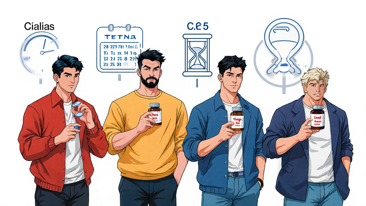 Quatre personnages représentant différents traitements PDE5, chacun avec son format.