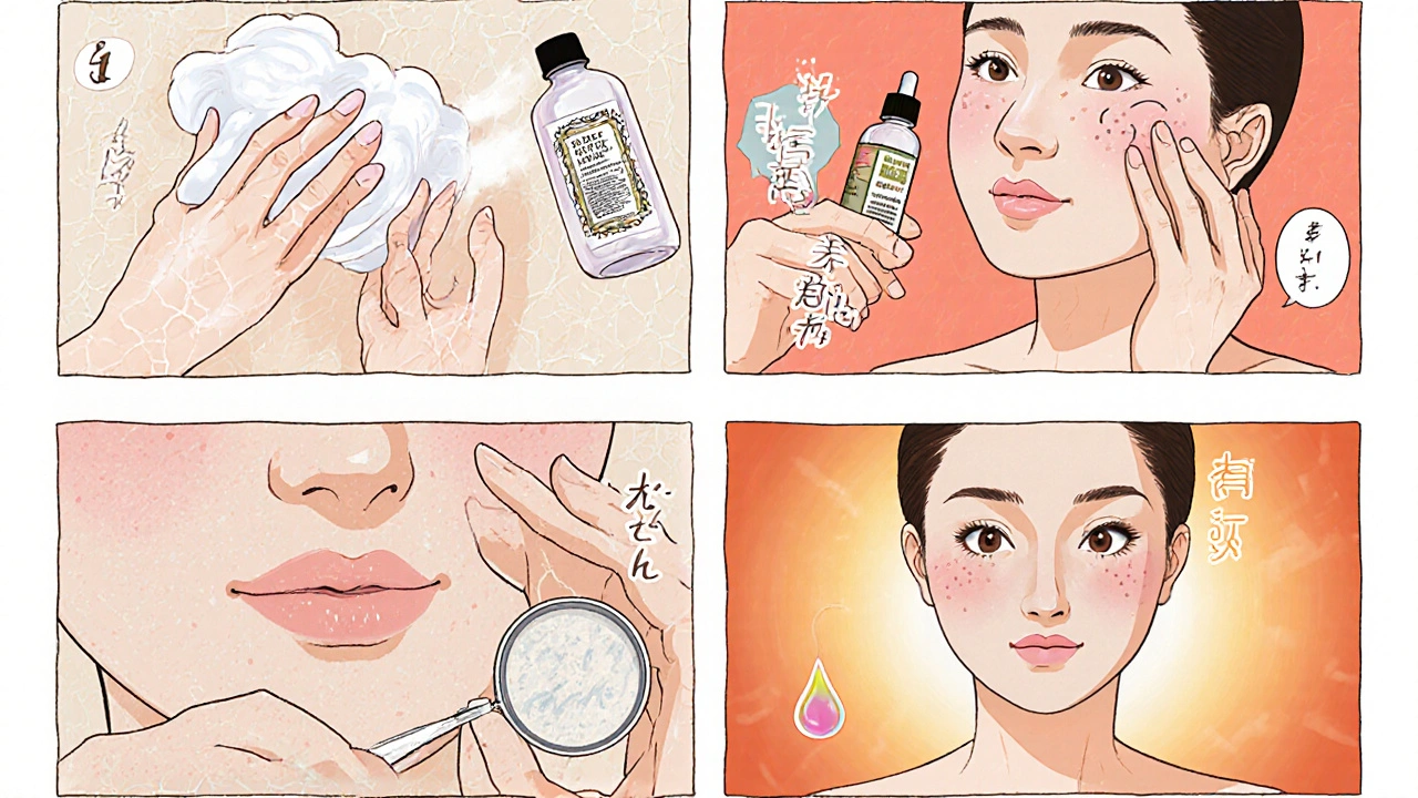 Routine en quatre cases montre nettoyage, toner, sérum C, crème E et huile d&#039;argan, peau lisse.