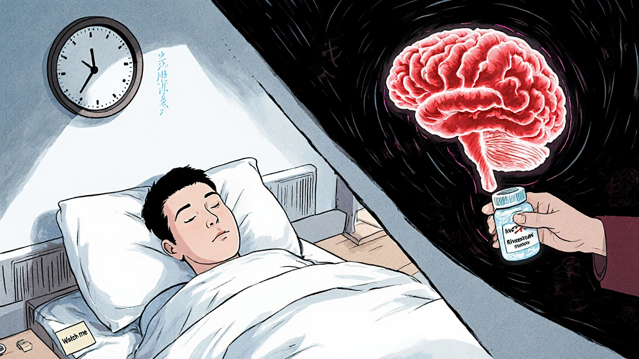 Scène en deux parties : patient endormi à la maison et hémorragie cérébrale fantôme dans son crâne.