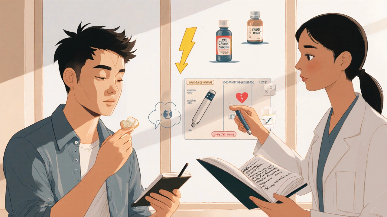 Scène manhua d'une patiente prenant du rizatriptan, notant un journal et discutant avec son médecin.