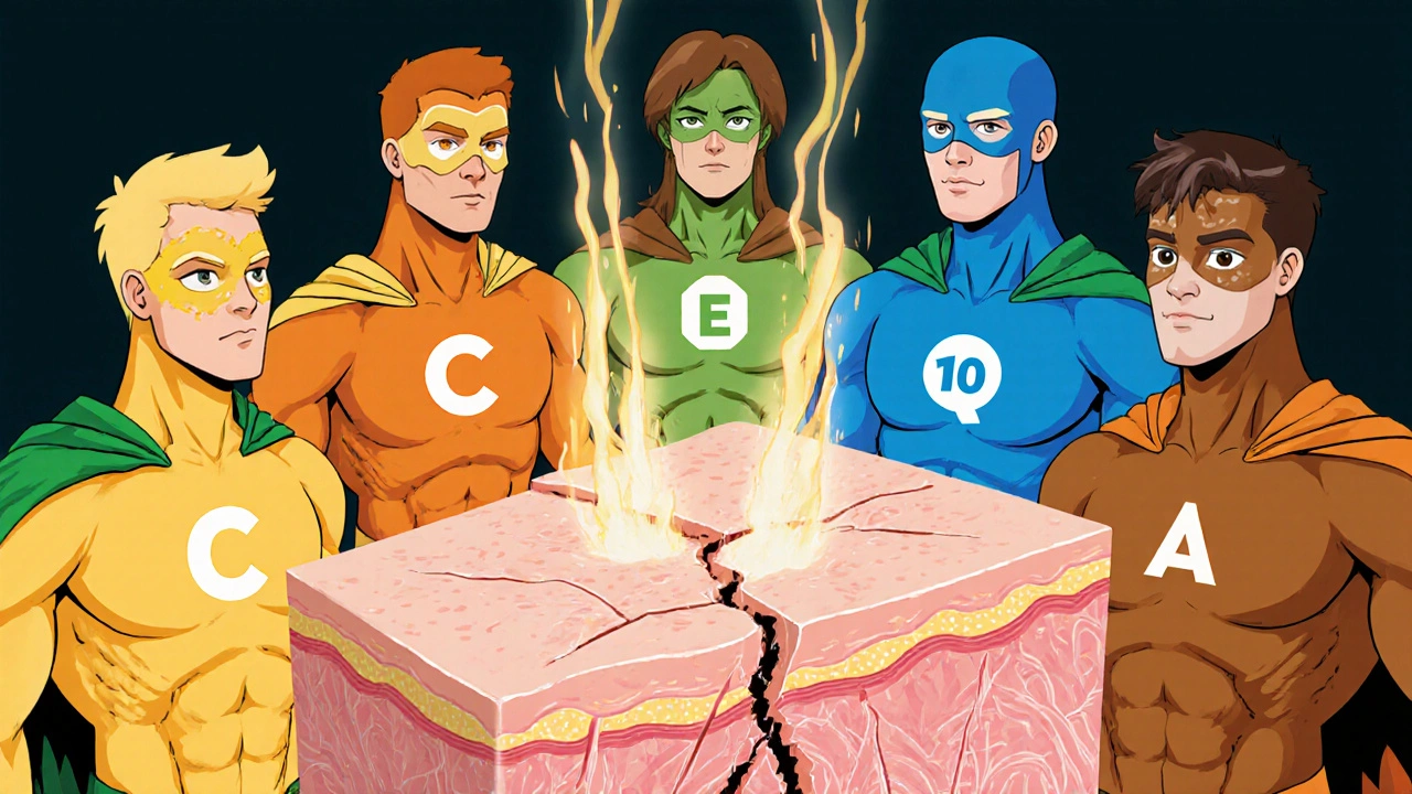 Super‑héros antioxydants réparent la barrière cutanée en style manhua.