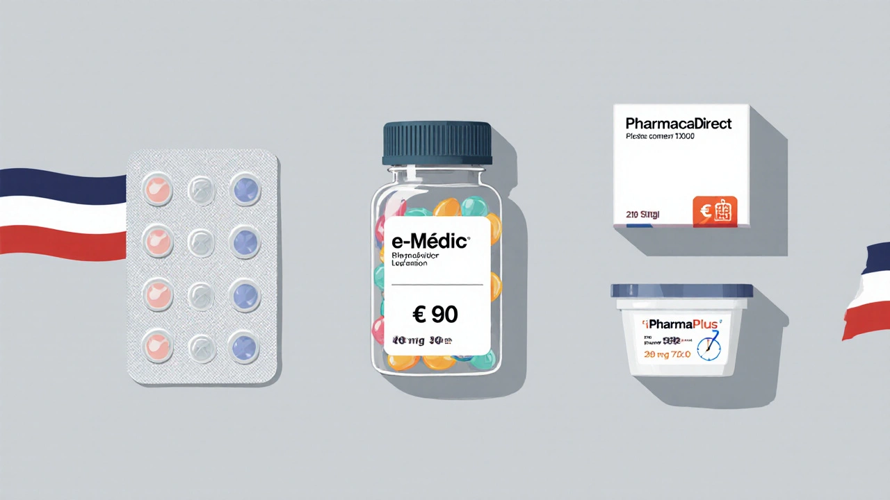 Trois boîtes de médicaments – comprimés, capsules et suspension – avec étiquettes de prix et icônes de livraison.