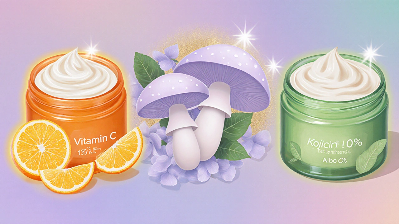 Trois pots de crèmes illustrés pour la vitamine C, l’acide kojique et l’arbutine, entourés d’éléments naturels.