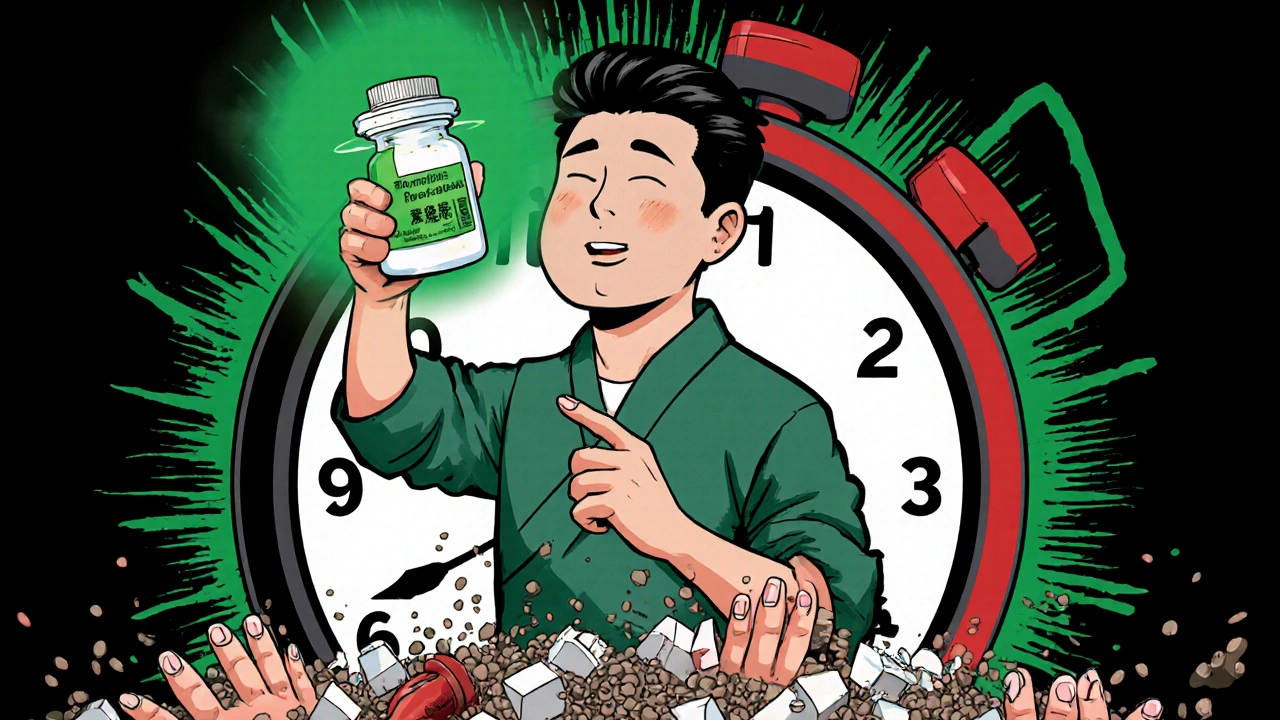 Un adulte triomphe avec un flacon de terbinafine, les anciens comprimés de Fulvicin écrasés sous ses pieds.