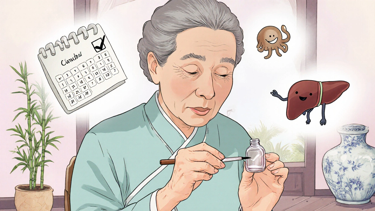 Une femme âgée applique un vernis antifongique sur son ongle, entourée d’icônes de traitement hebdomadaire et de santé.