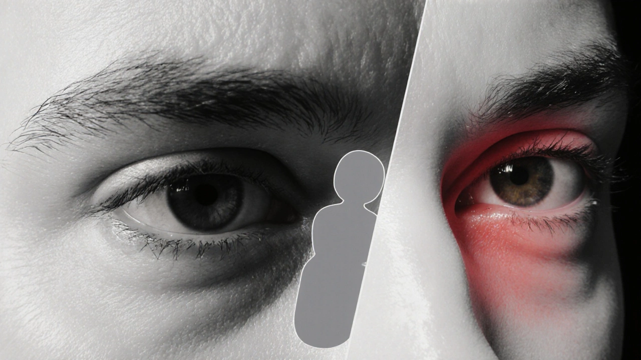 Vue côte à côte de deux yeux, l'un normal et l'autre avec myose pathologique, ptose et accent rouge suggérant le syndrome de Horner.
