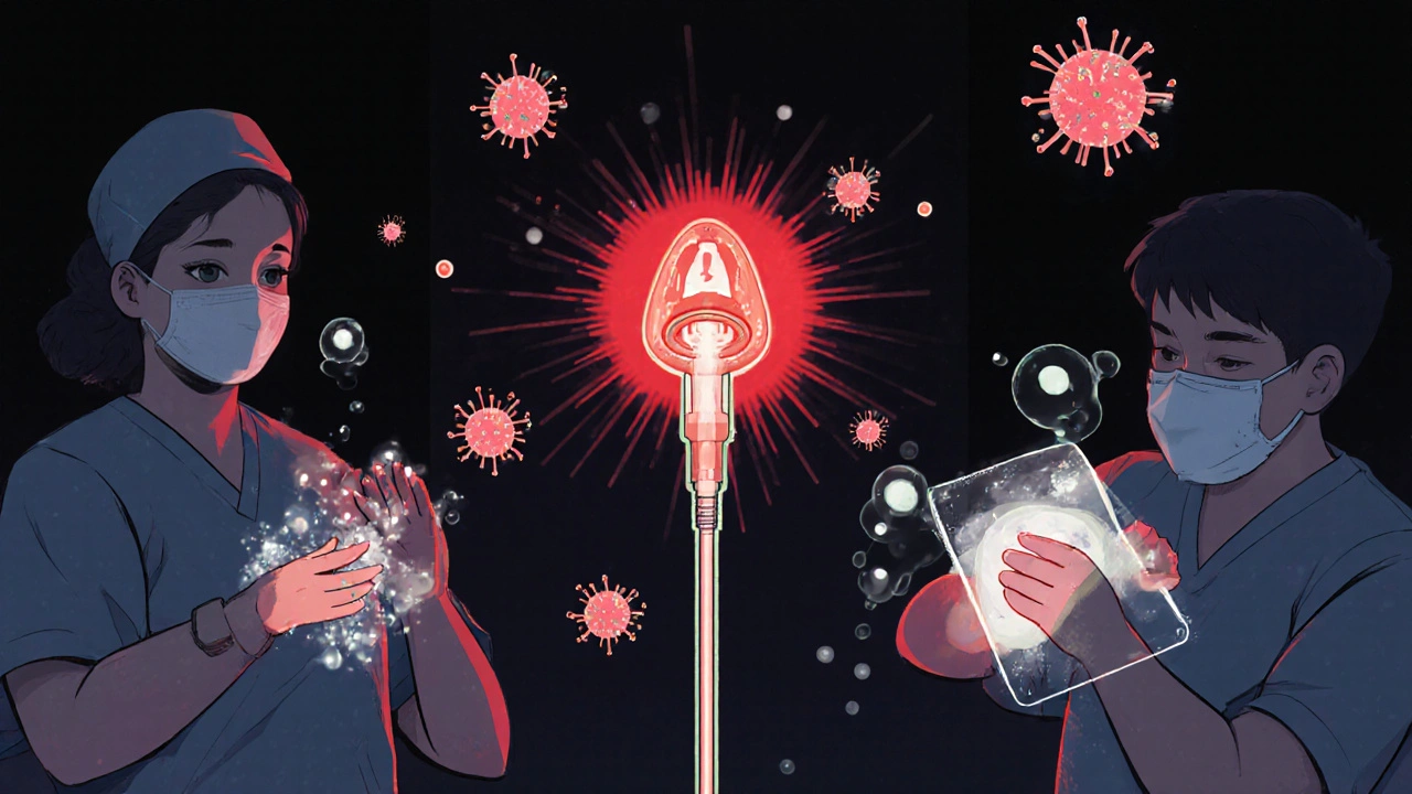 Cathéter avec avertissement d&#039;infection, infirmière montre l&#039;hygiène des mains et le pansement étanche.