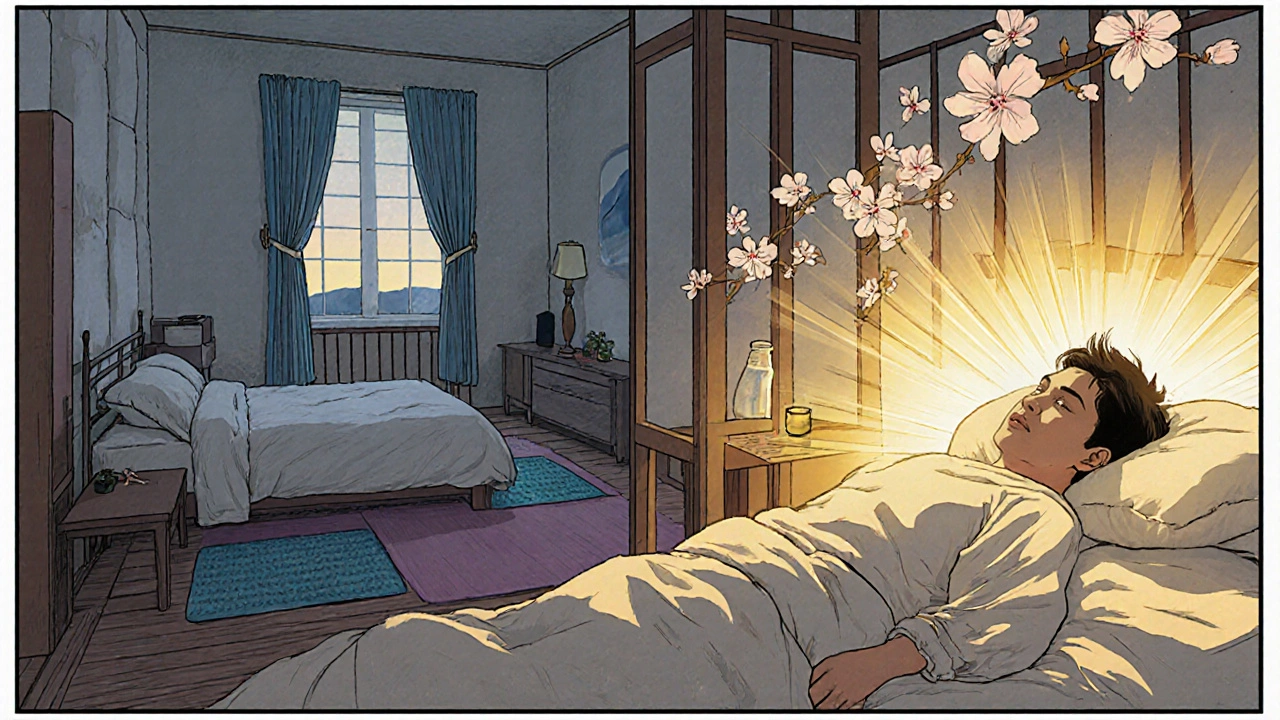 Chambre sécurisée pour patient atteint de RBD, avec tapis au sol, coins rembourrés et médicament à portée de main.