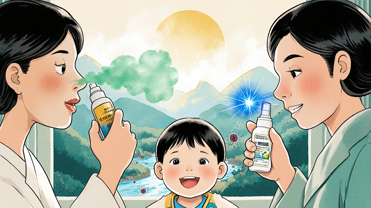 Combinaison de spray nasal anti-inflammatoire et antihistaminique, soulageant nez et yeux simultanément.