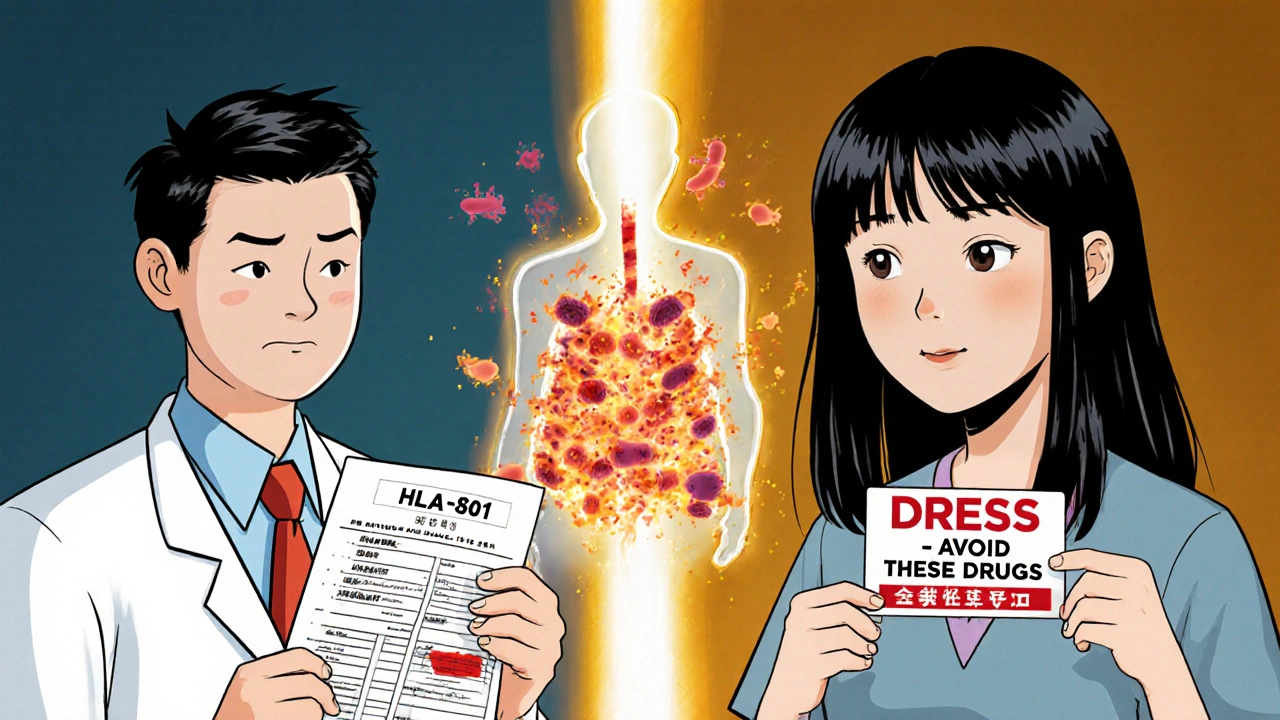 Comparaison entre un patient avant et après dépistage génétique, avec un rappel médical en arrière-plan.