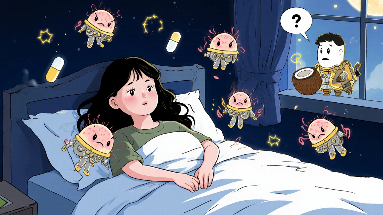 Des champignons Candida sont battus par des soldats en forme de comprimés, tandis qu&#039;une figure de huile de coco regarde avec scepticisme.