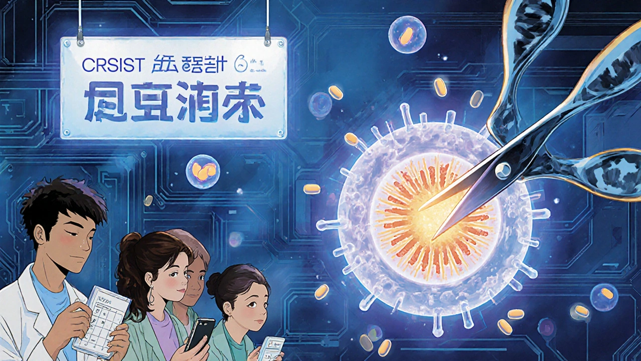 Des ciseaux moléculaires coupent le génome du VIH, tandis que des patients utilisent des rappels pour leur traitement.