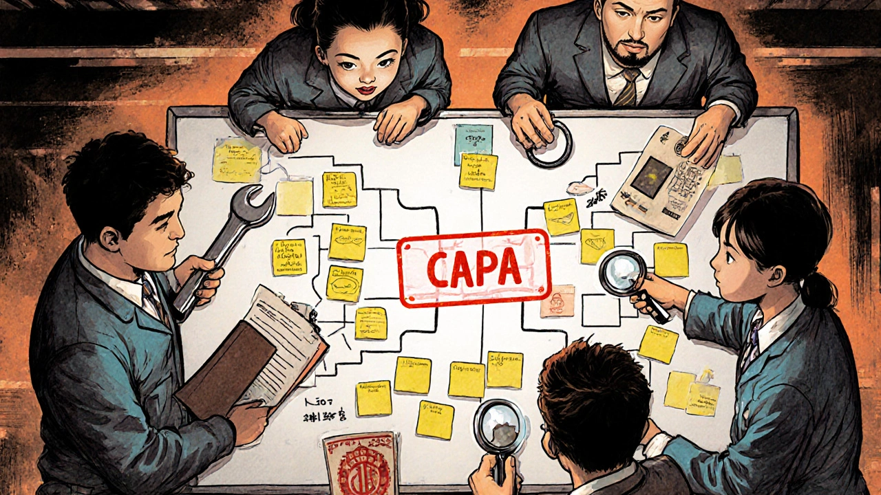 Équipe pluridisciplinaire analysant une cause racine sur un tableau de diagramme de poisson dans un atelier industriel.