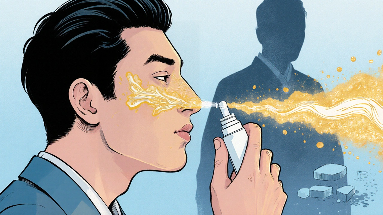 Homme utilisant un spray nasal avec technique correcte, une énergie dorée apaise ses muqueuses enflées.