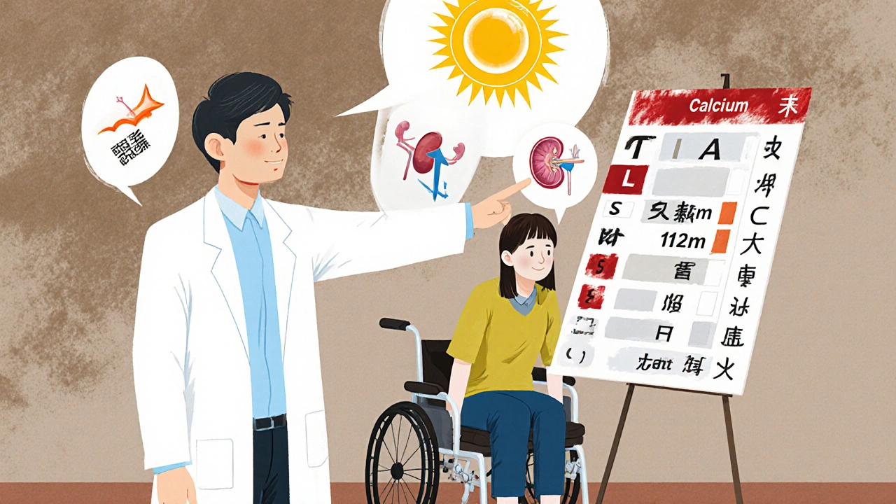 Médecin montrant un taux de calcium élevé sur un bilan sanguin, patient épuisé à l&#039;arrière-plan.