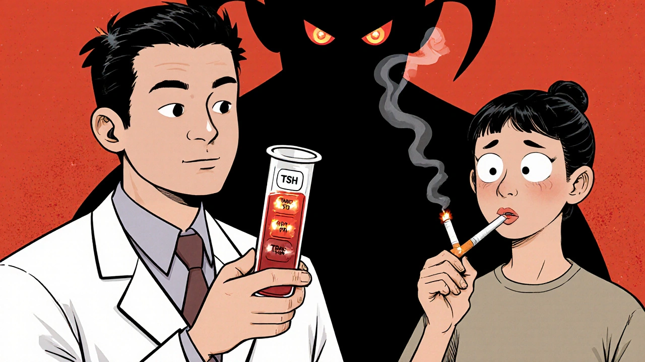 Médecin montrant un test sanguin avec des marqueurs TSH, T4 et TRAb, patient aux yeux saillants tenant une cigarette.