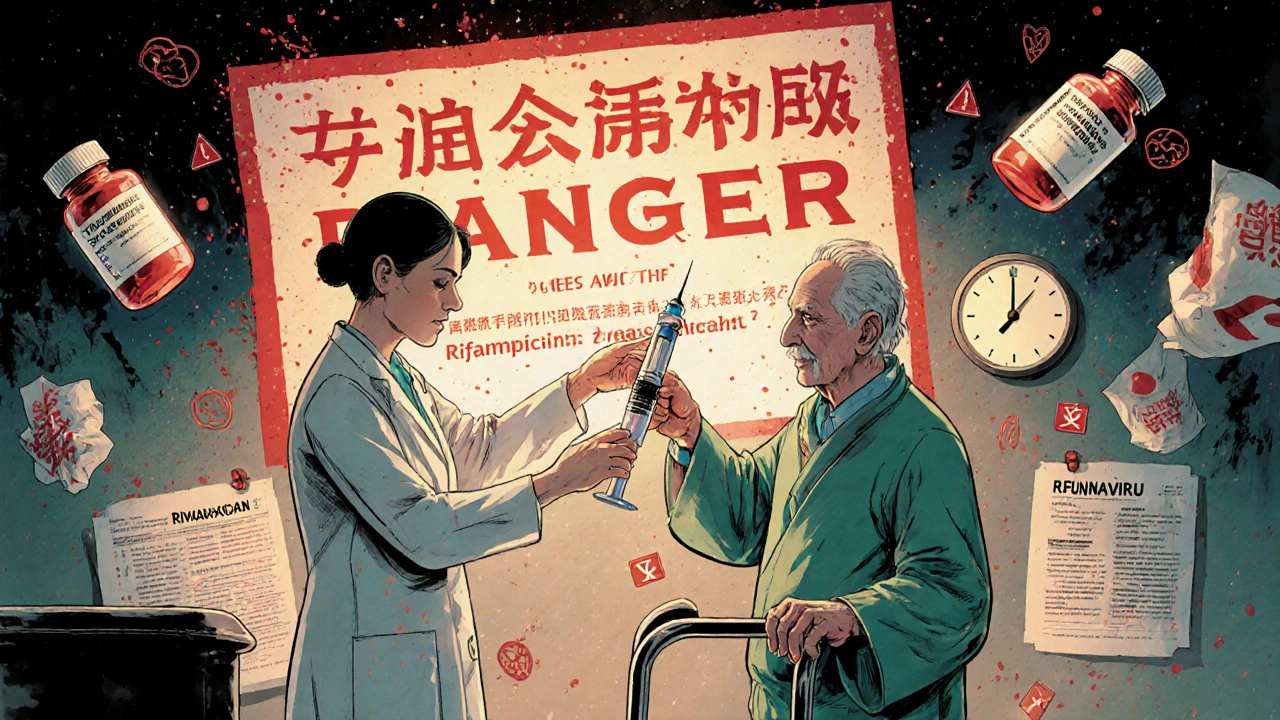 Médecin remplaçant un anticoagulant oral par de l&#039;héparine, avec des avertissements visuels de rifampicine.