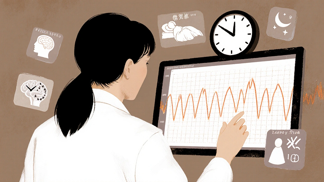 Neurologue analysant un tracé de polysomnographie montrant une activité musculaire anormale pendant le sommeil REM.