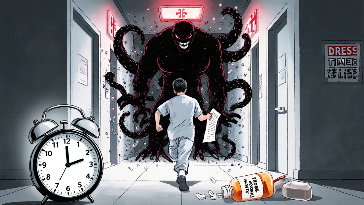 Patient courant vers les urgences tandis qu&#039;une créature immunologique menace derrière lui, symbole du DRESS.