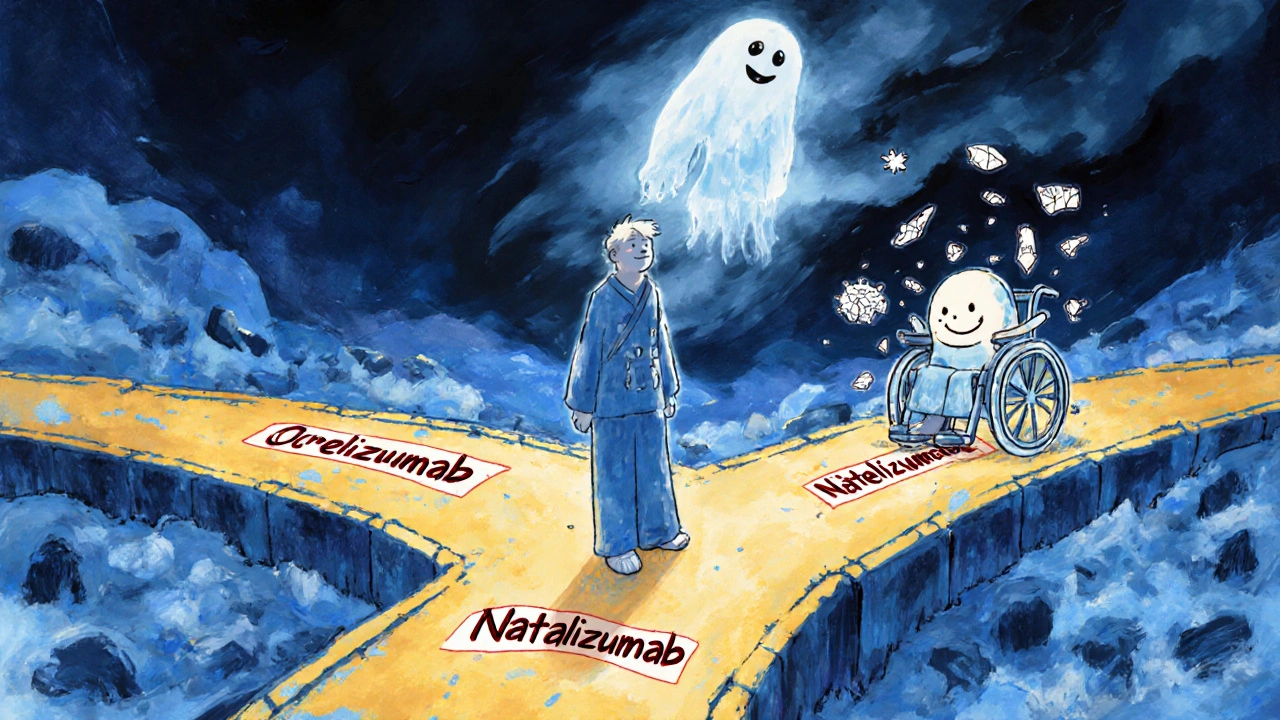 Patient face à deux chemins : un traitement sûr et un traitement à risque de PML.