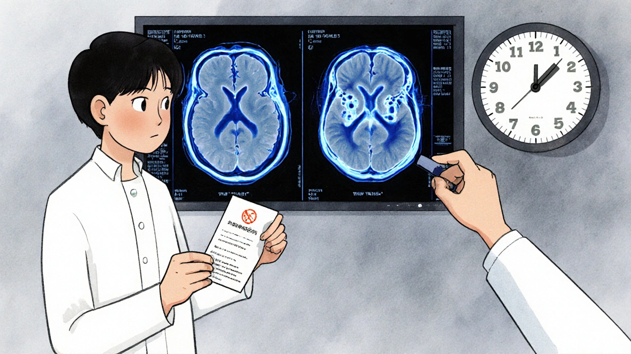 Patient regardant un résultat de test JC et une IRM cérébrale montrant des lésions invisibles.